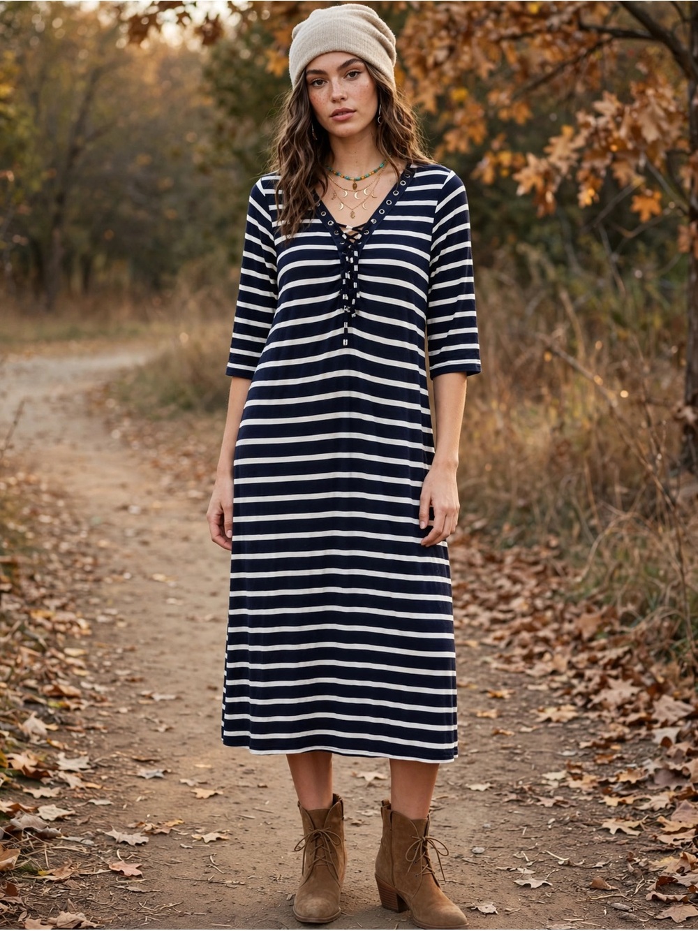 Navy & White Striped Lace-Up Midi Dress Boho